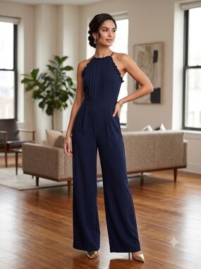 Gianni Bini Navy Pleated Halter Wide-Leg Jumpsuit